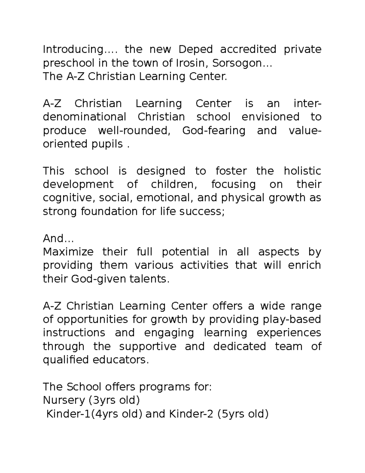 Promotional Script for A-Z Christian Learning Center in Irosin - Studocu
