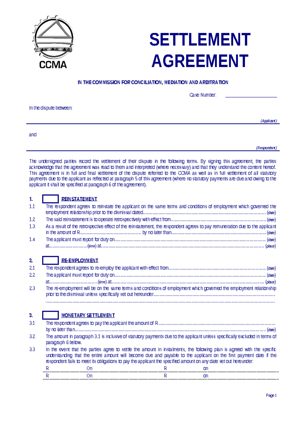 CCMA Settlement Agreement Template for Dispute Resolution - Studocu