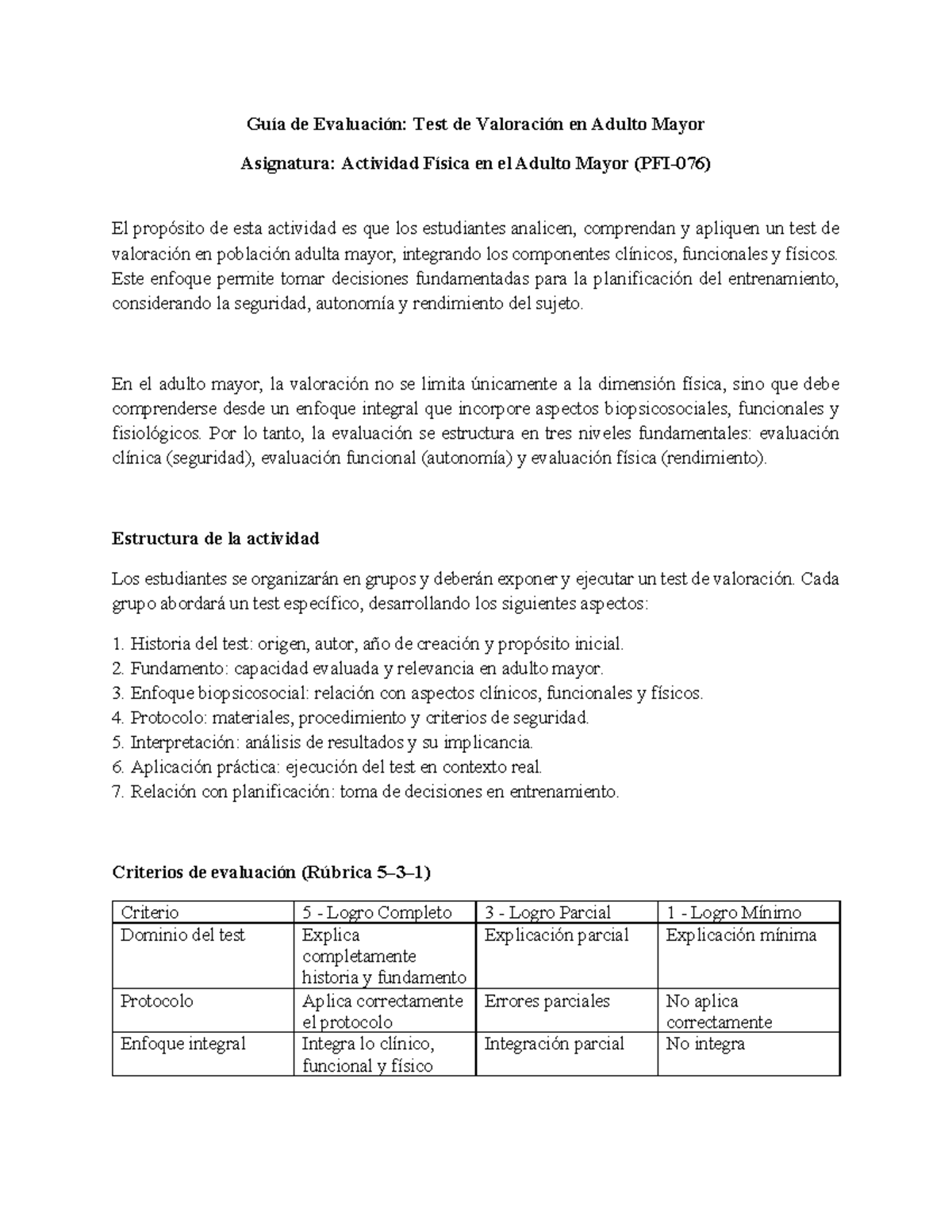 Guía de Evaluación: Test de Valoración en Adulto Mayor - Actividad ...