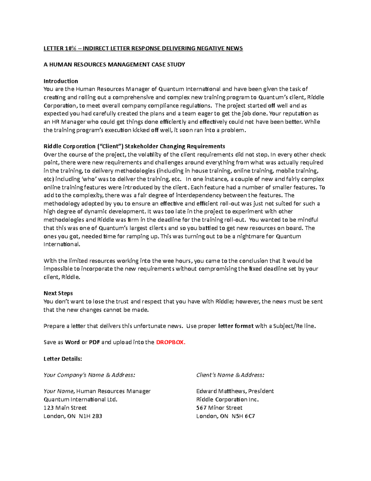 Indirect Letter Format for Delivering Negative News – HR Case Study ...