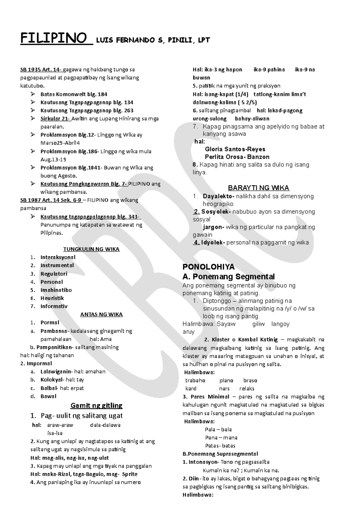 Filipino Major Exam Notes: Language Development & Functions - Studocu