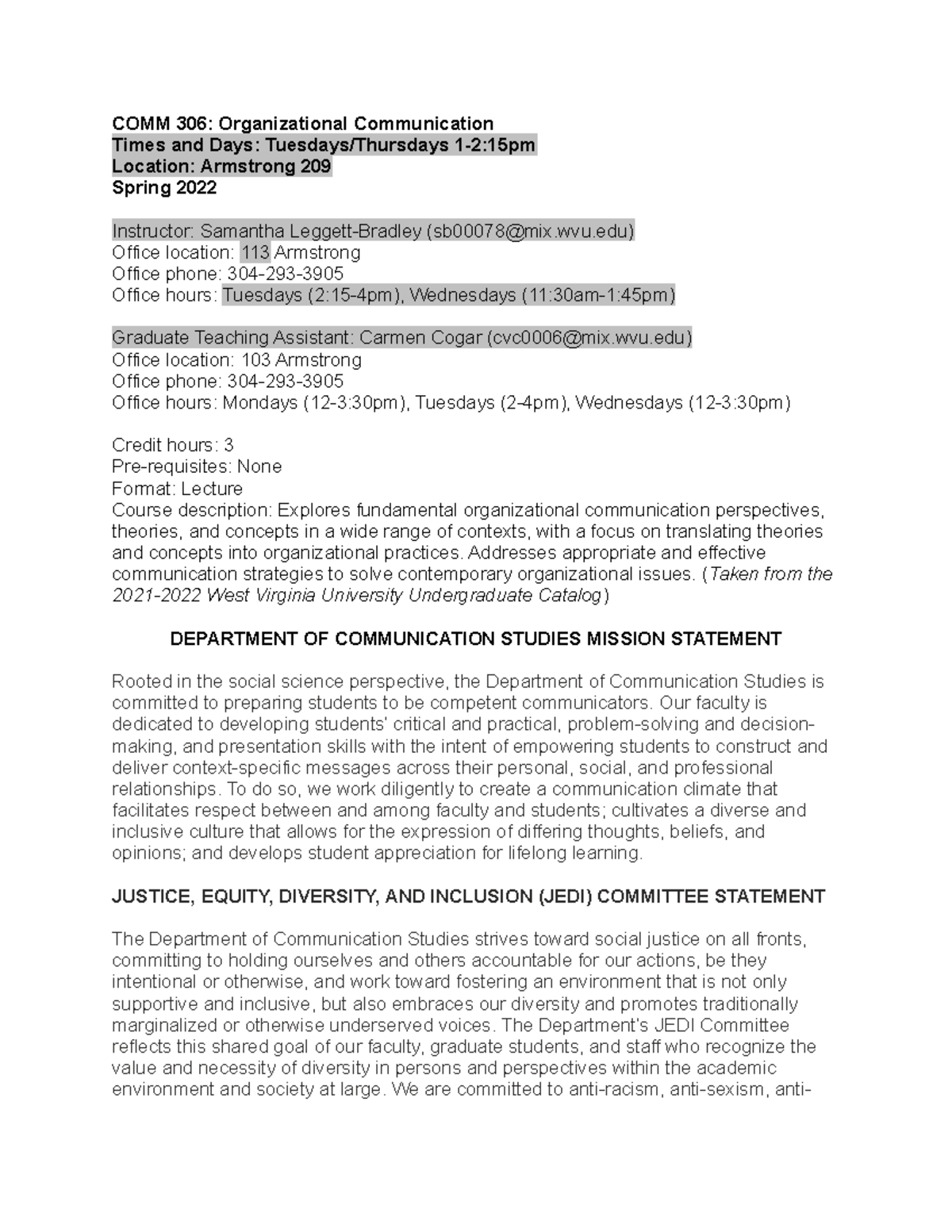 COMM 306 Fall 2022 Organizational Communication Syllabus - Studocu