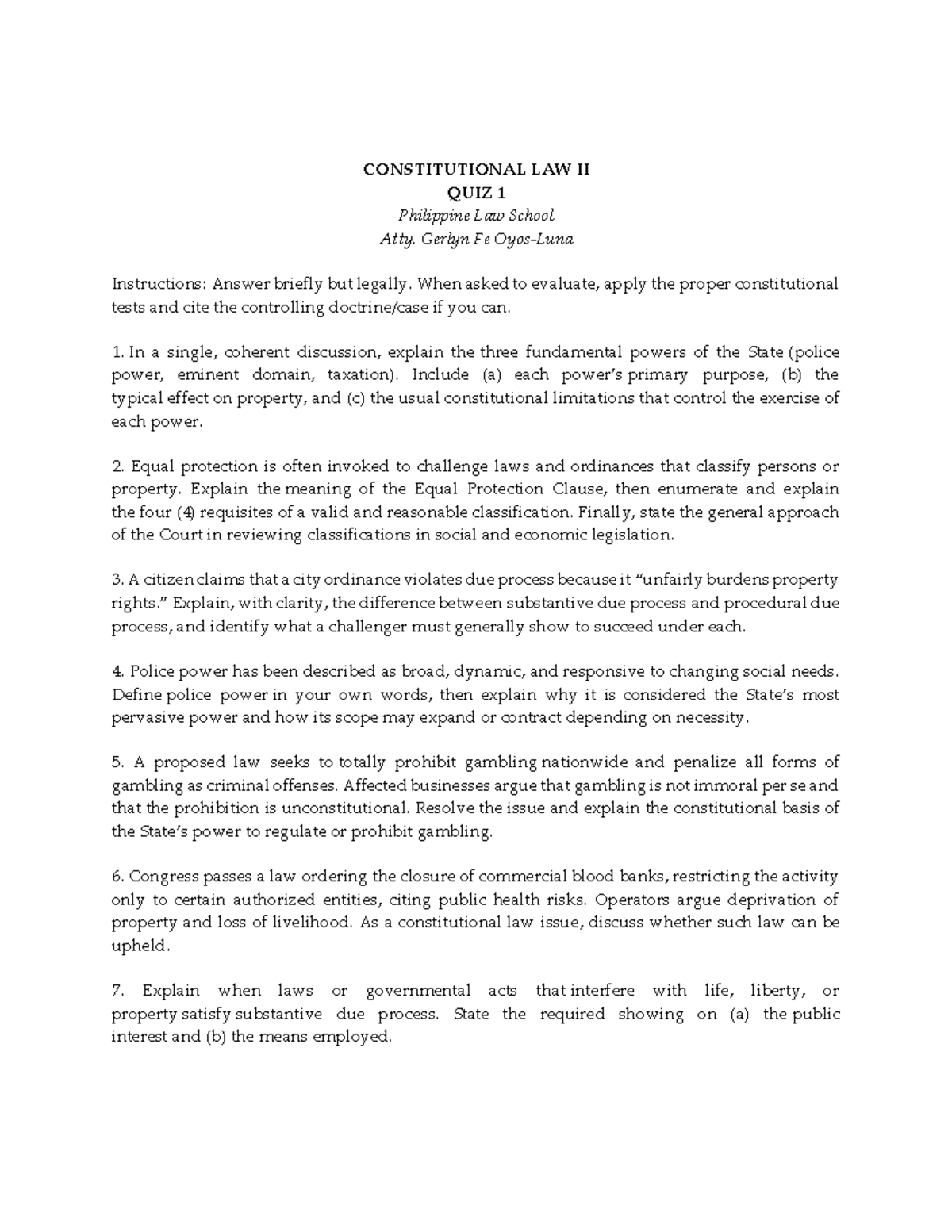 PLS QUIZ 1 - Constitutional Law II Overview and Key Concepts - Studocu