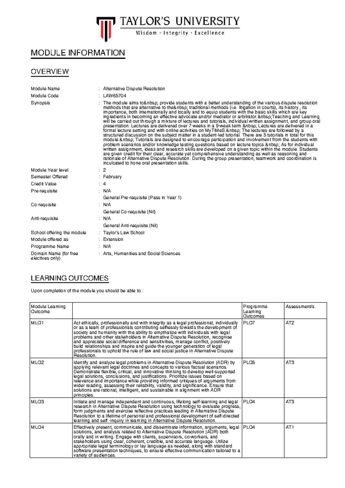 LAW65704: Overview of Alternative Dispute Resolution Module - Studocu