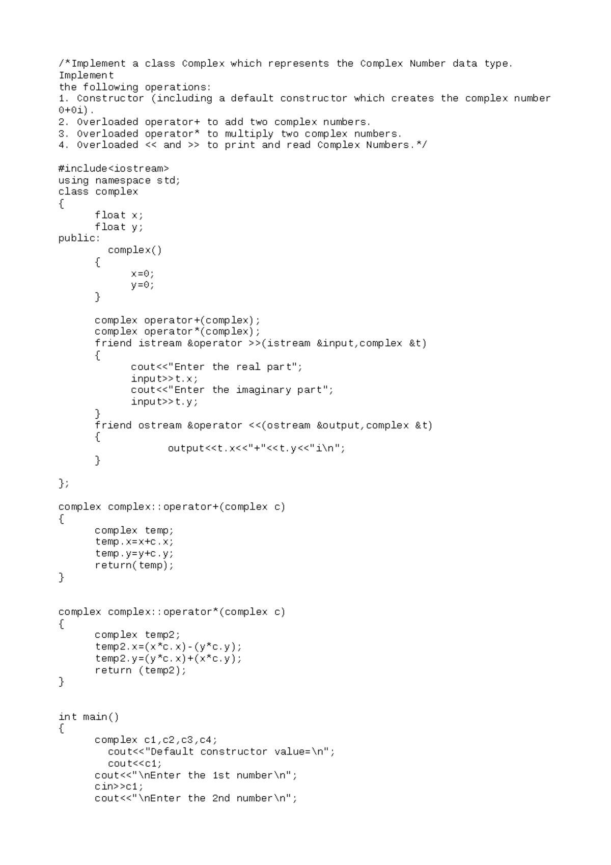 Practical 2 - /*Implement a class Complex which represents the Complex ...