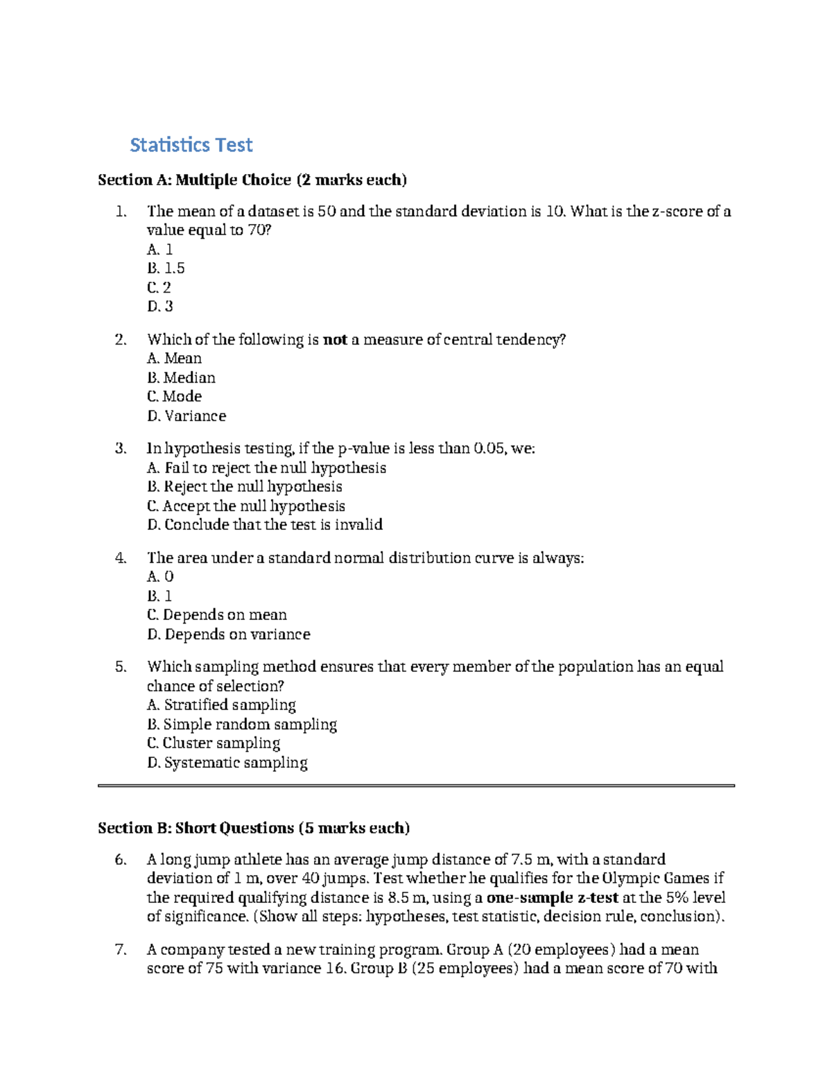 Statistics Test STTN: Multiple Choice & Short Questions - Studocu
