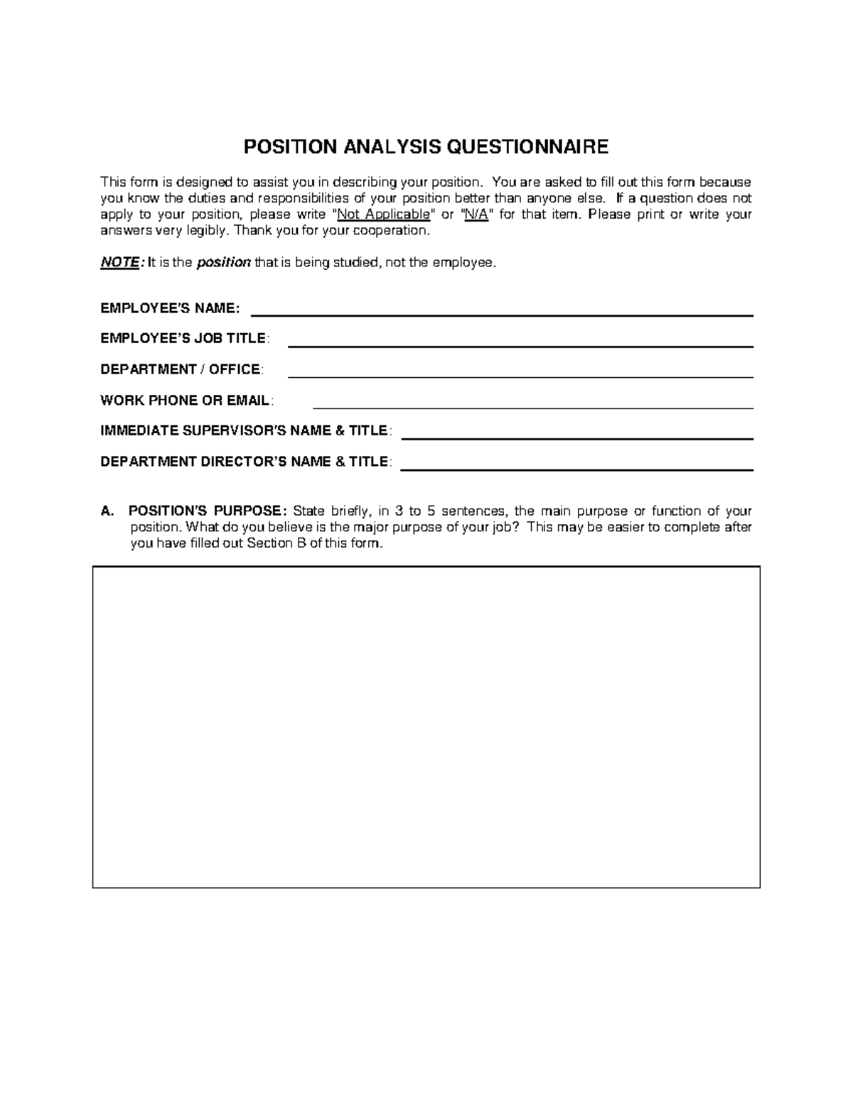 Position Analysis Questionnaire: Job Duties & Responsibilities - Studocu