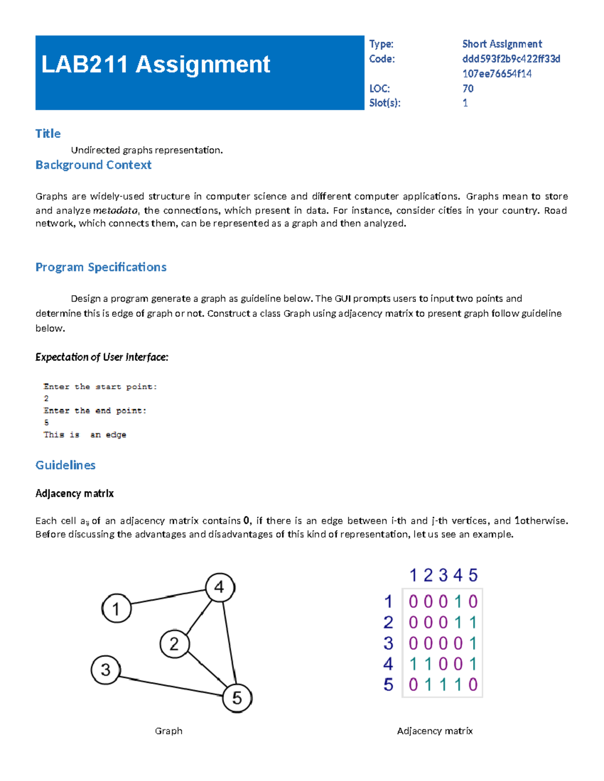 J1.S.P0007 - LAB211 Short Assignment: Undirected Graphs Representation ...