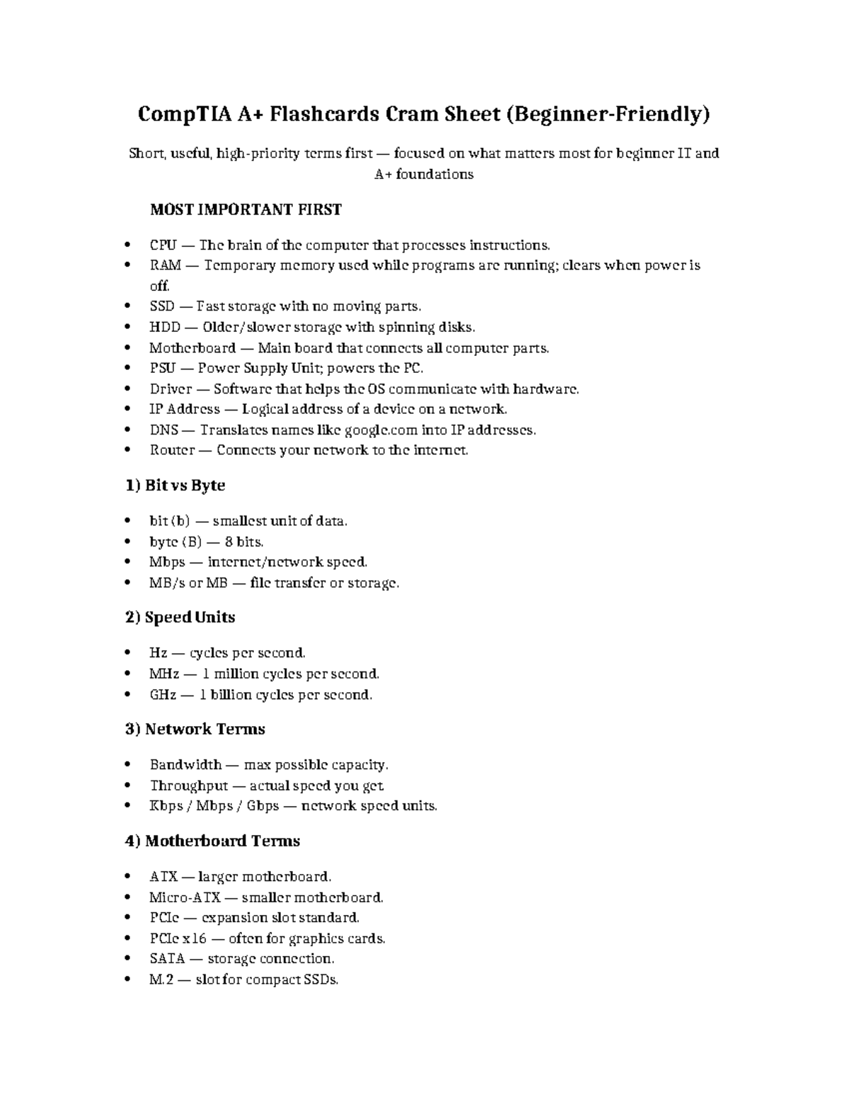 CompTIA A+ Flashcards Cram Sheet: Key IT Terms & Concepts - Studocu