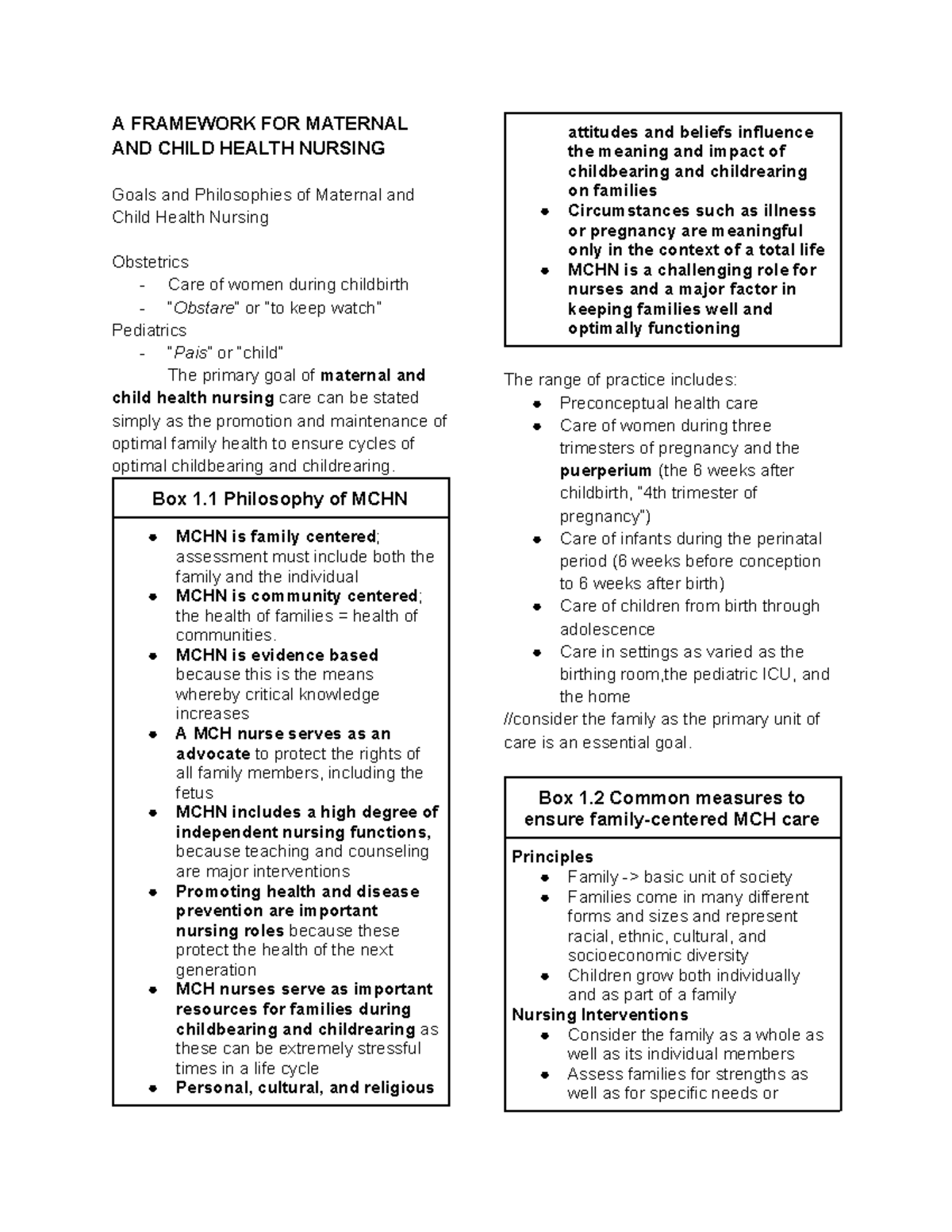 Mchnp U1C1: Maternal and Child Health Nursing Framework Overview - Studocu
