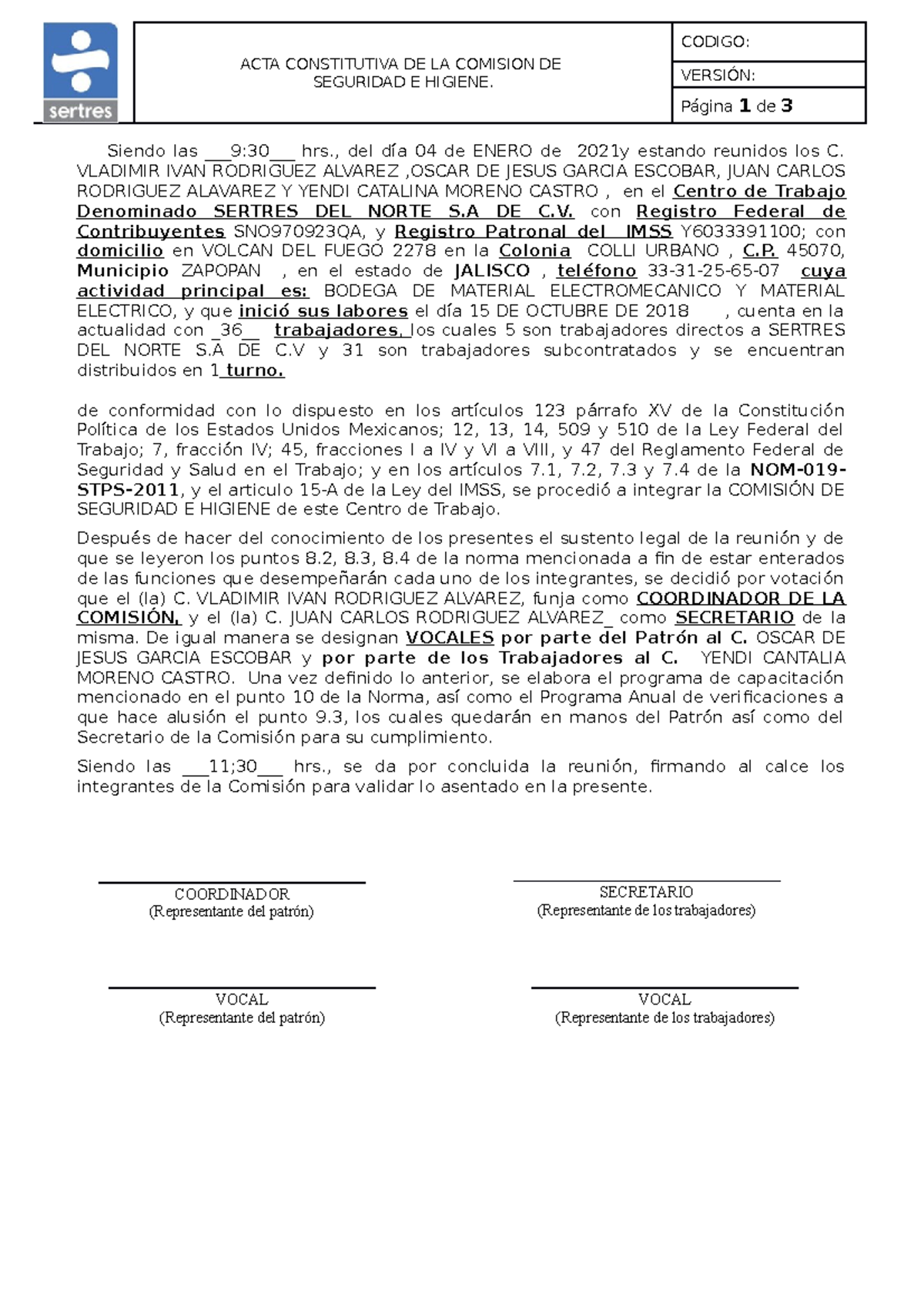 ACTA CONSTITUTIVA DE LA CSH - Seguridad e Higiene 2021 - Studocu