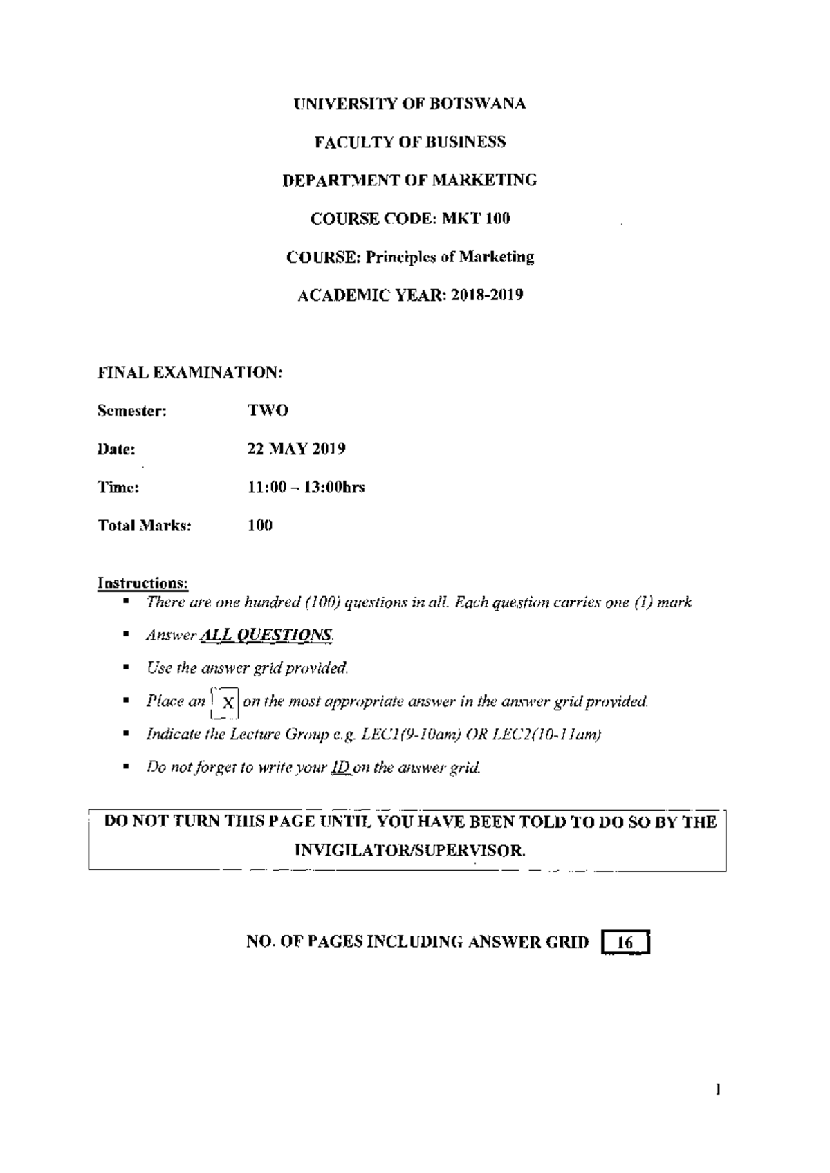 MKT 100 Final Exam 2019: Principles of Marketing Questions - Studocu