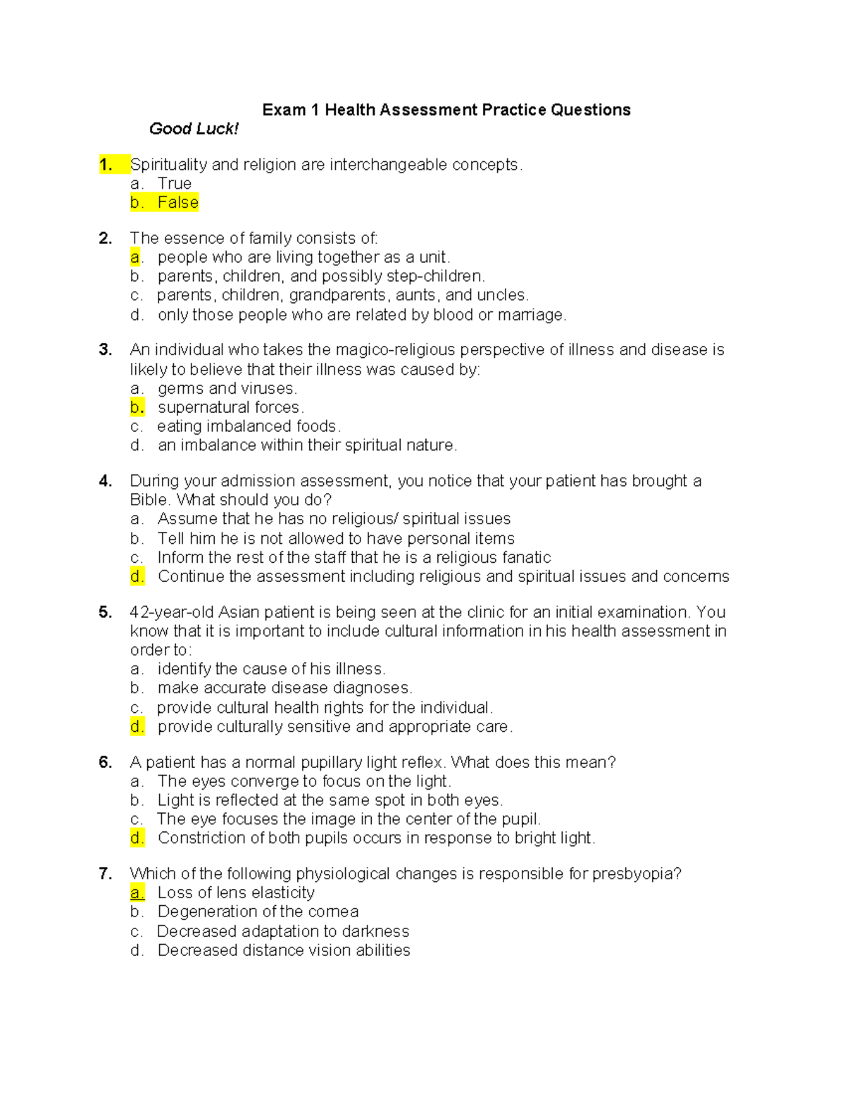 Health Assessment Exam 1 Practice Questions and Answers - Studocu