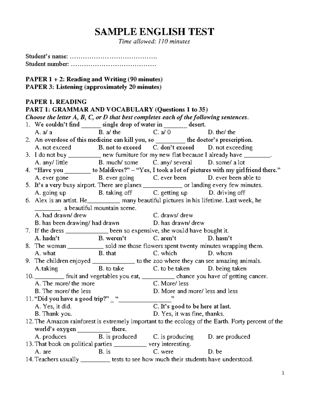 Sample English Test (PAPER 1, 2 & 3) - Reading, Writing, Listening ...
