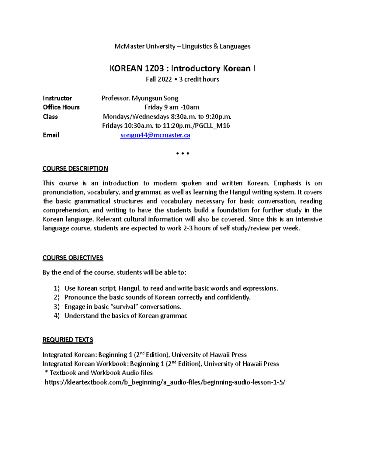 Korean 1Z03 Fall 2022 Introductory Korean I Course Outline - Studocu