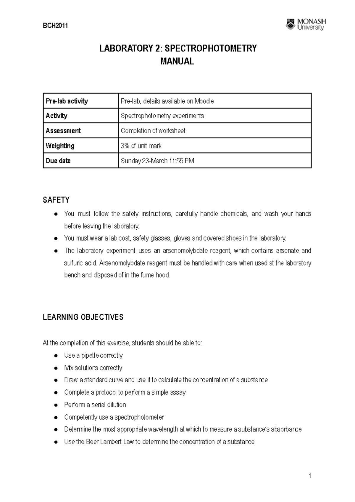 BCH2011 Final Lab 2 Manual: Spectrophotometry Techniques and Safety ...