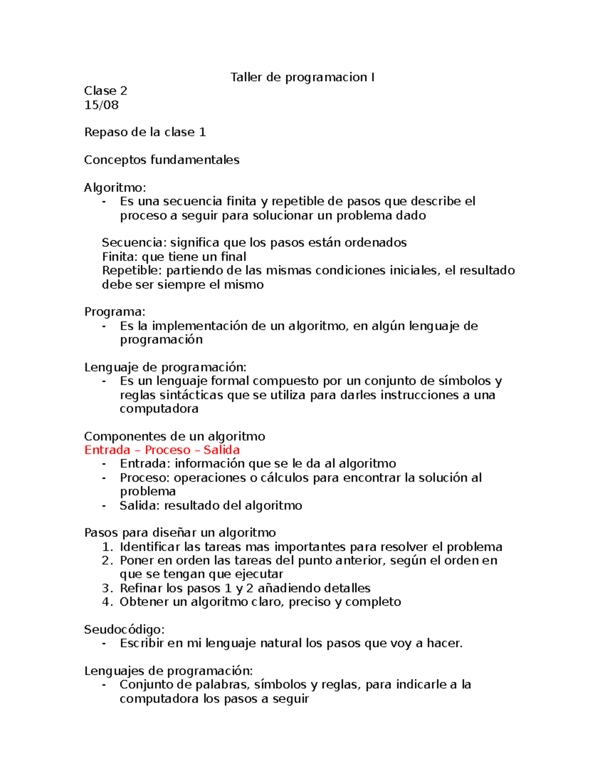 Taller de Programación I: Clases 2 y 3 - Conceptos y Algoritmos - Studocu