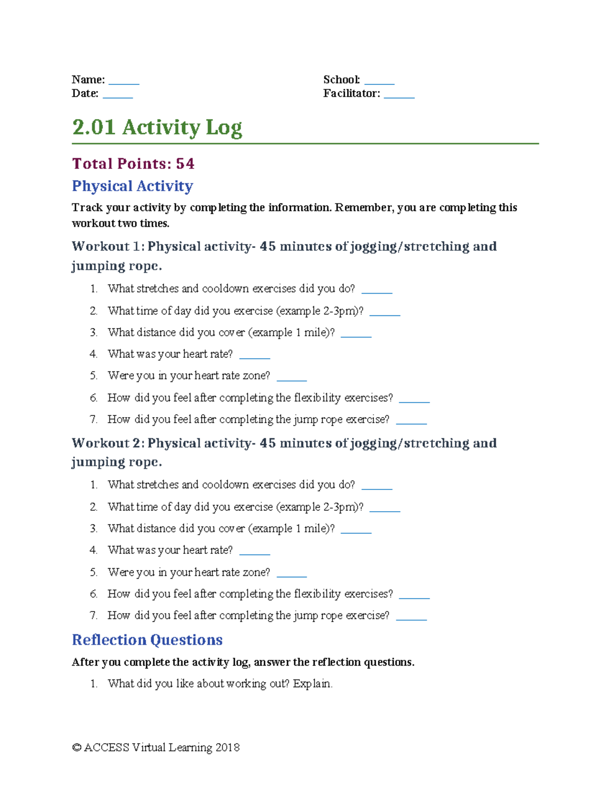 02-01 Activity Log: Physical Activity & Reflections Guide - Studocu