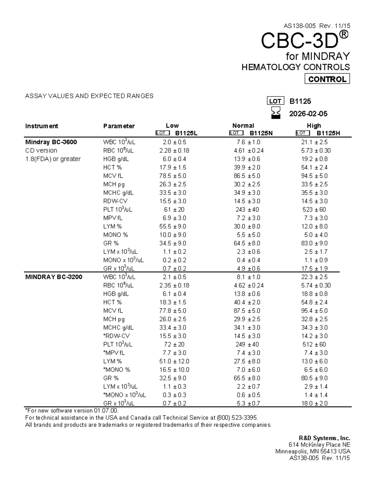 MINDRAY Hematology Controls Assay Values & Ranges - Manual - Studocu
