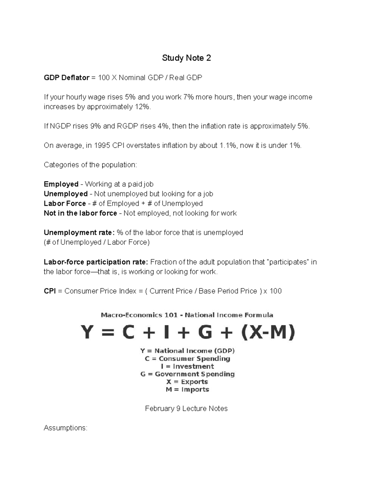 ECO 1002H - Study Note 2 - Study Note 2 GDP Deflator = 100 X Nominal ...