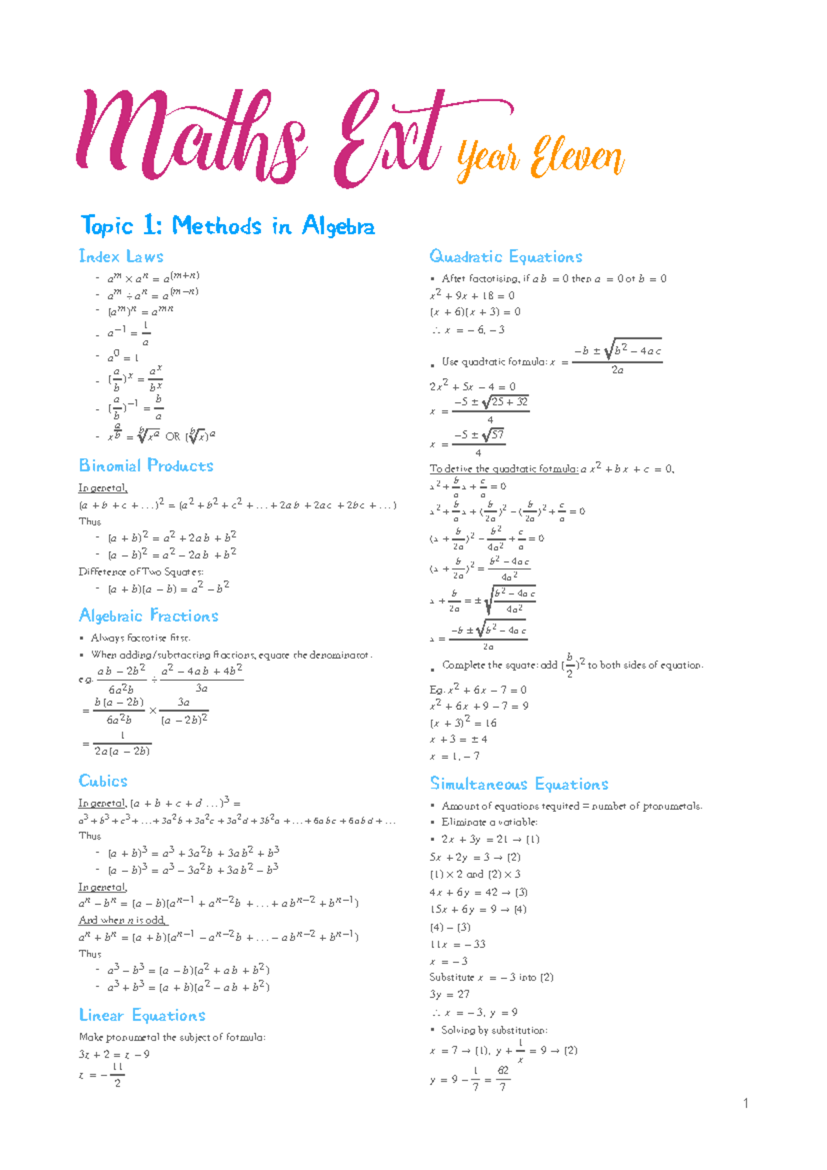 Year 11 Maths - notes - Maths Ext Year Eleven Topic 1: Methods in ...