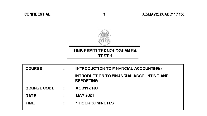 ACC117 ACC106 TEST 1: INTRODUCTION TO FINANCIAL ACCOUNTING MAY 2024 ...