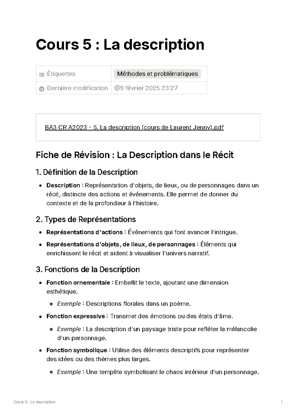 BA3 CR A2023 Fiche de Révision : La Description dans le Récit - Studocu