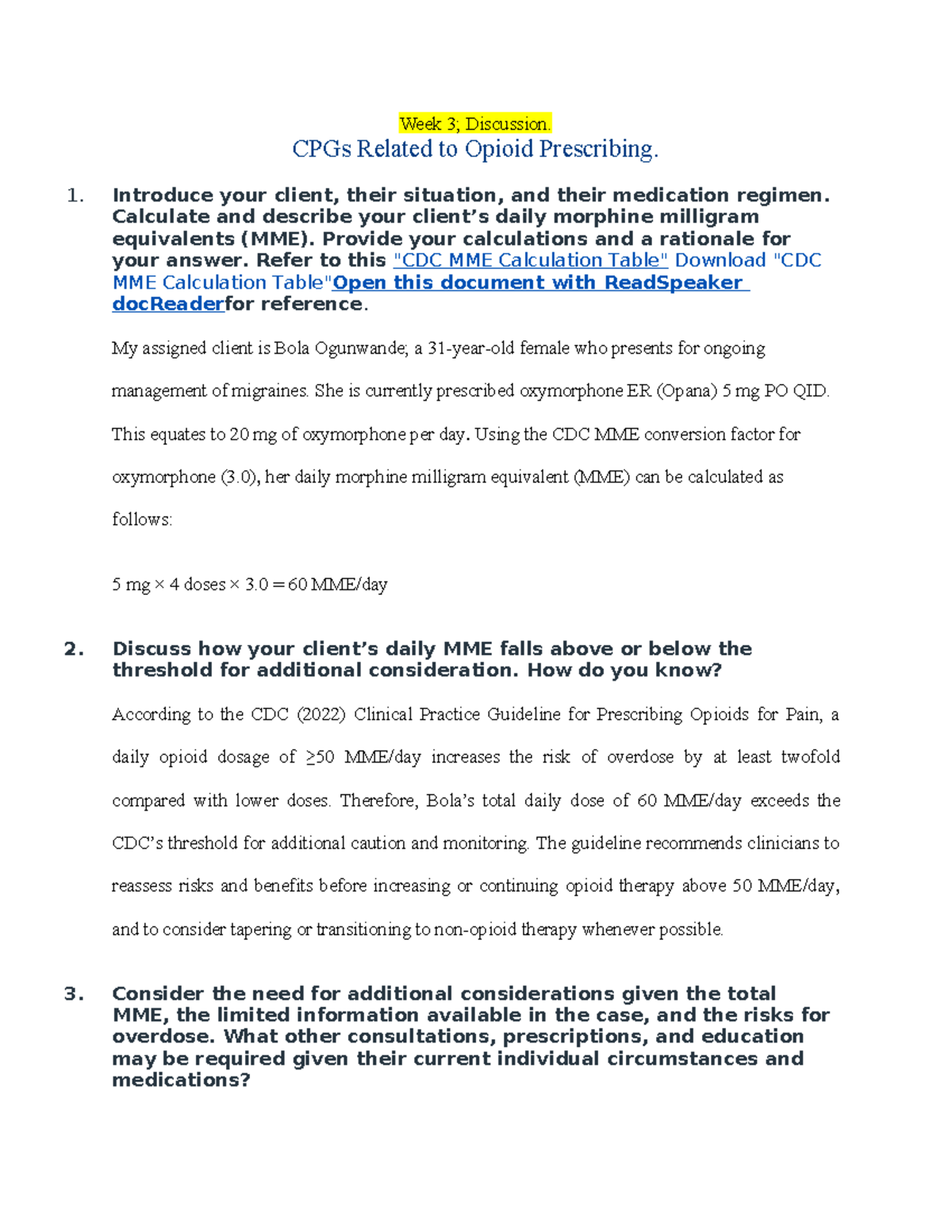 NR 565 Week 3 Discussion: Opioid Prescribing & MME Calculations - Studocu