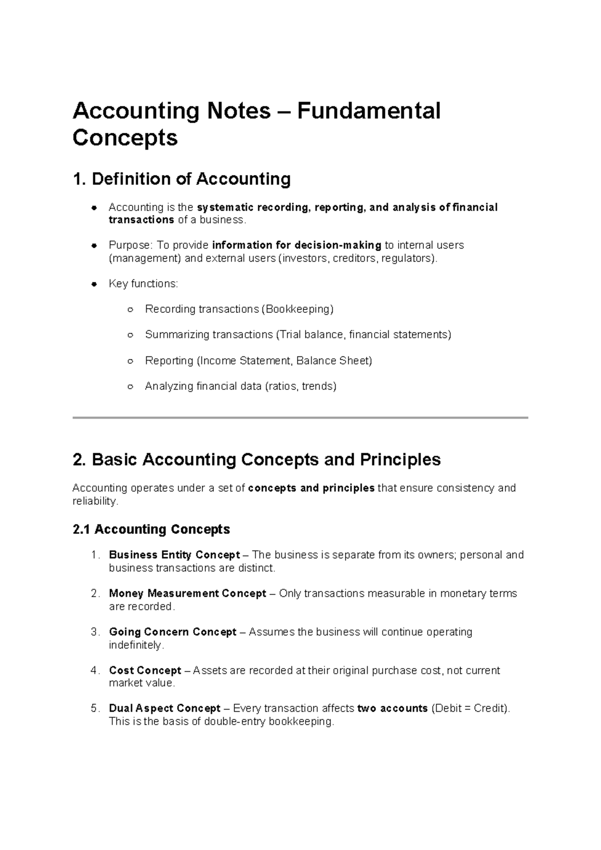 Accounting Notes: Fundamental Concepts and Principles (ACCT 101) - Studocu