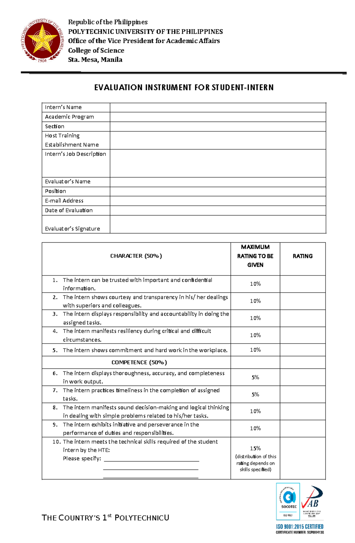 Evaluation Instrument for Student Intern - PUP Academic Assessment ...