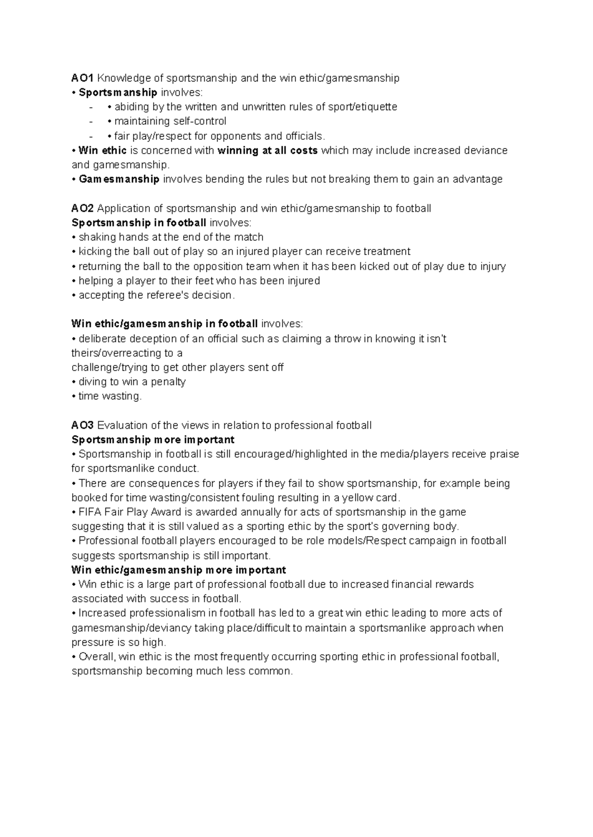 Sport ethics - AO1 Knowledge of sportsmanship and the win ethic ...