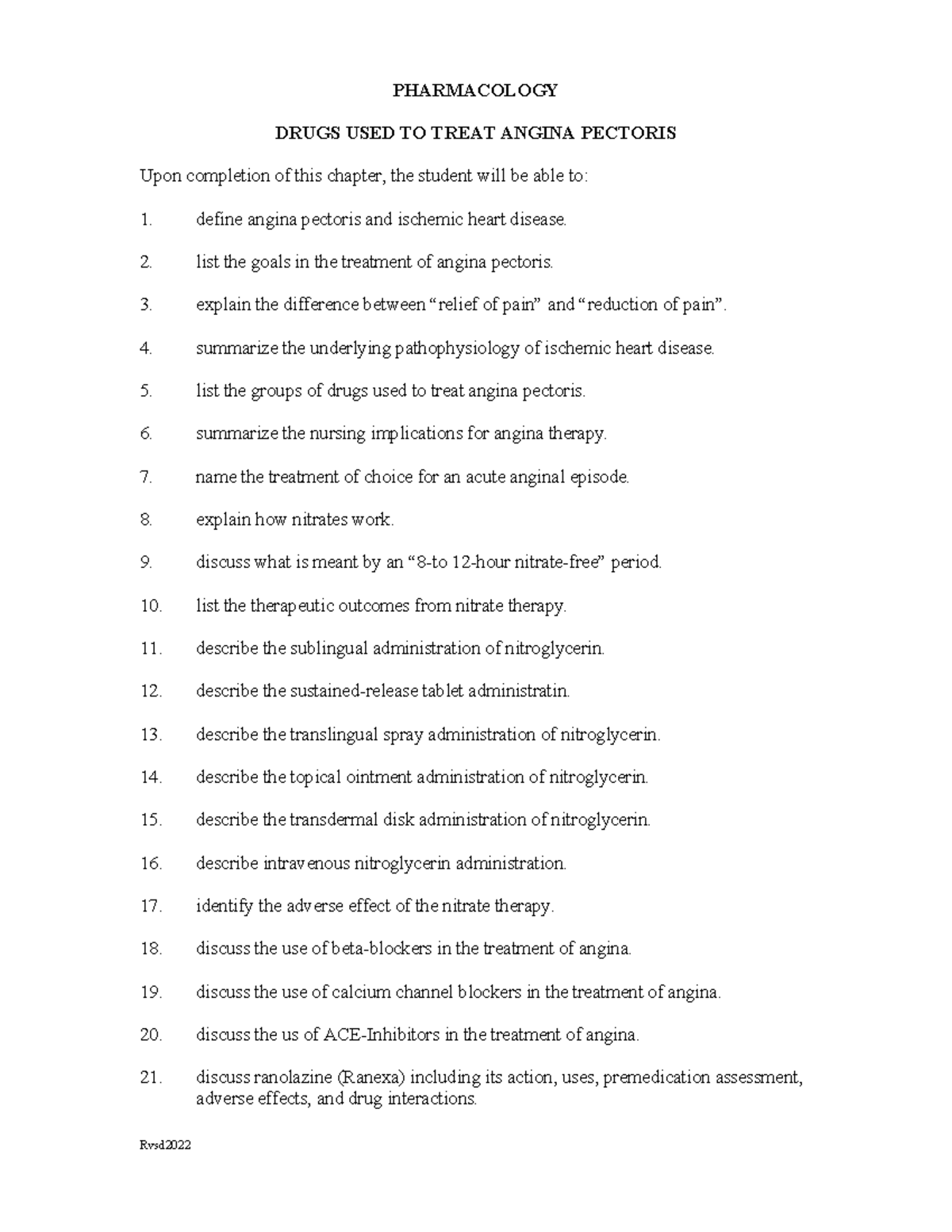 PHARM 2022: Drugs for Angina Pectoris Treatment Overview - Studocu