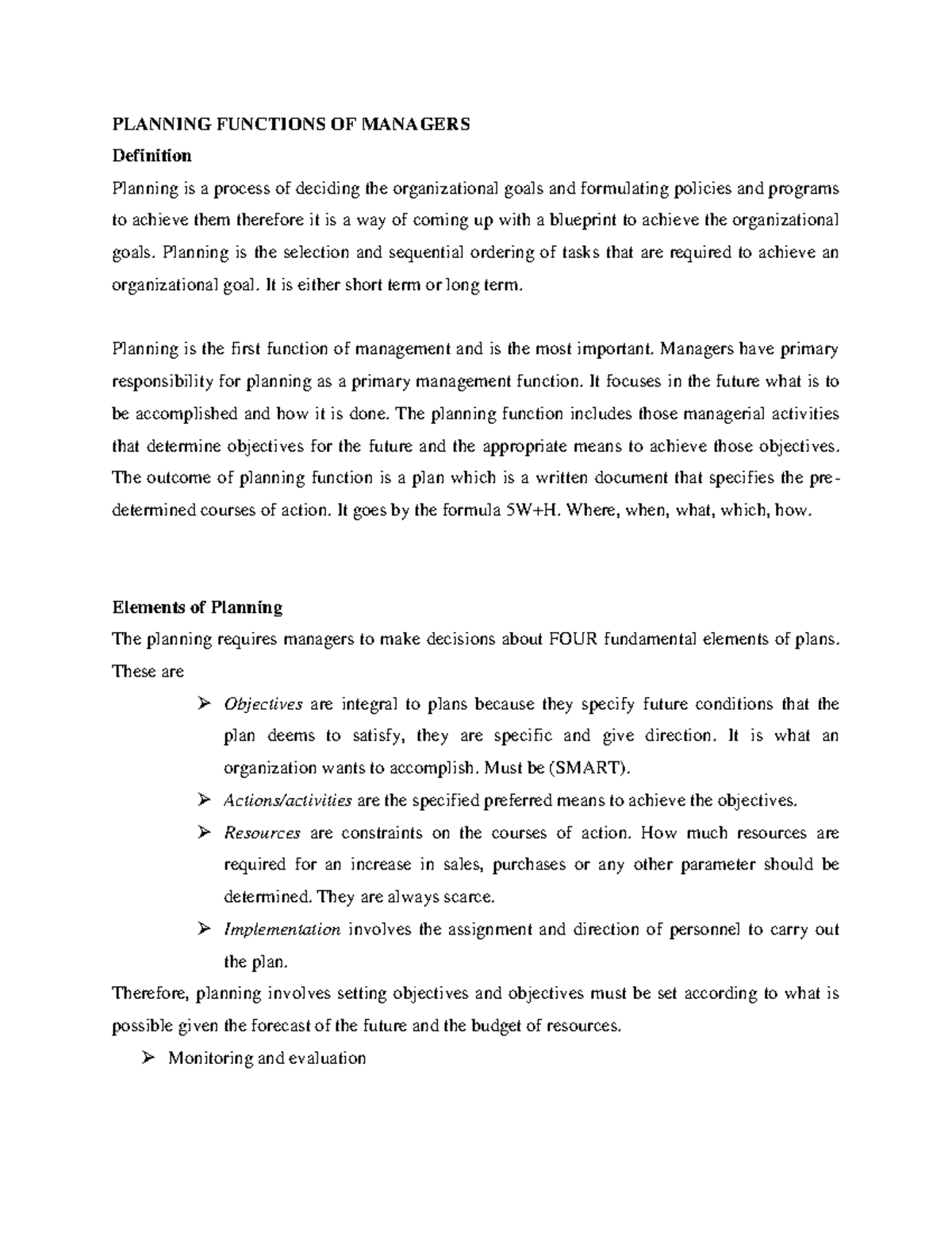 Planning Functions of Managers: Key Elements and Levels Explained - Studocu