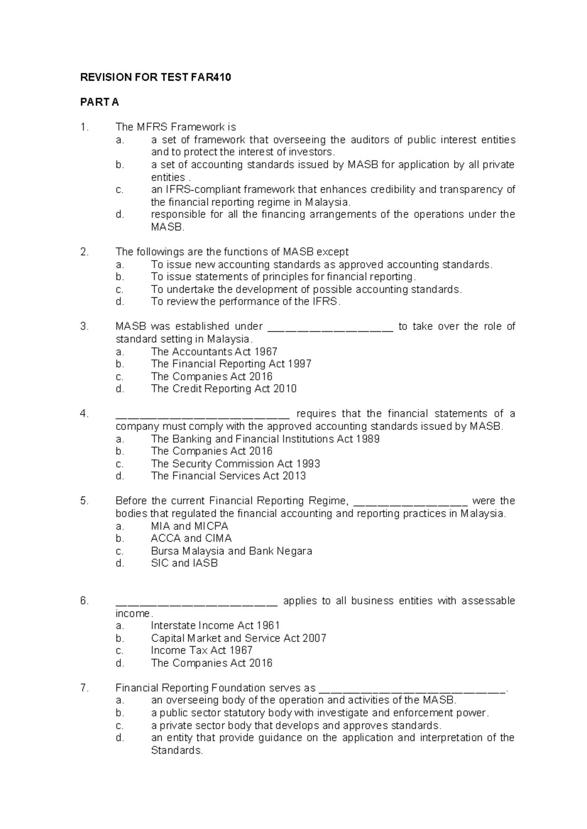 FAR410 Revision Questions for Test: Financial Reporting Framework - Studocu
