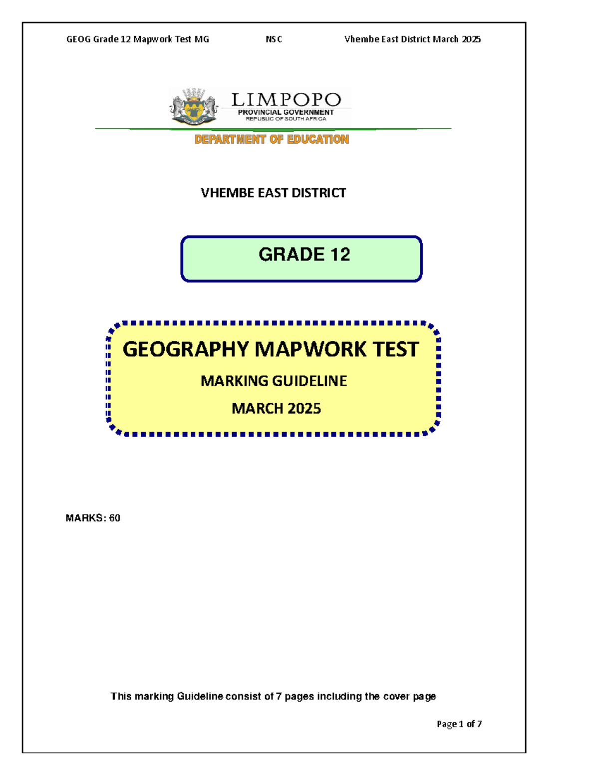 GEOG Grade 12 Mapwork Test MG NSC Vhembe East District March 2025 - Studocu