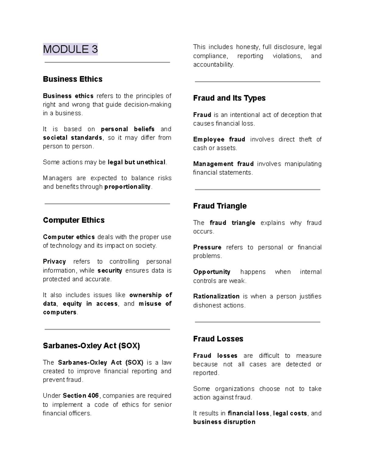 Business Ethics & Fraud Management: Module 3 Overview - Studocu