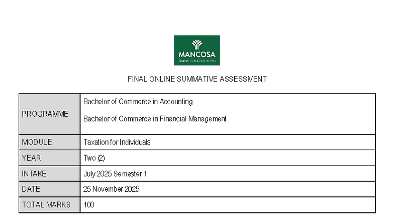 Taxation for Individuals: Final OSA - BCom Accounting 2025 - Studocu