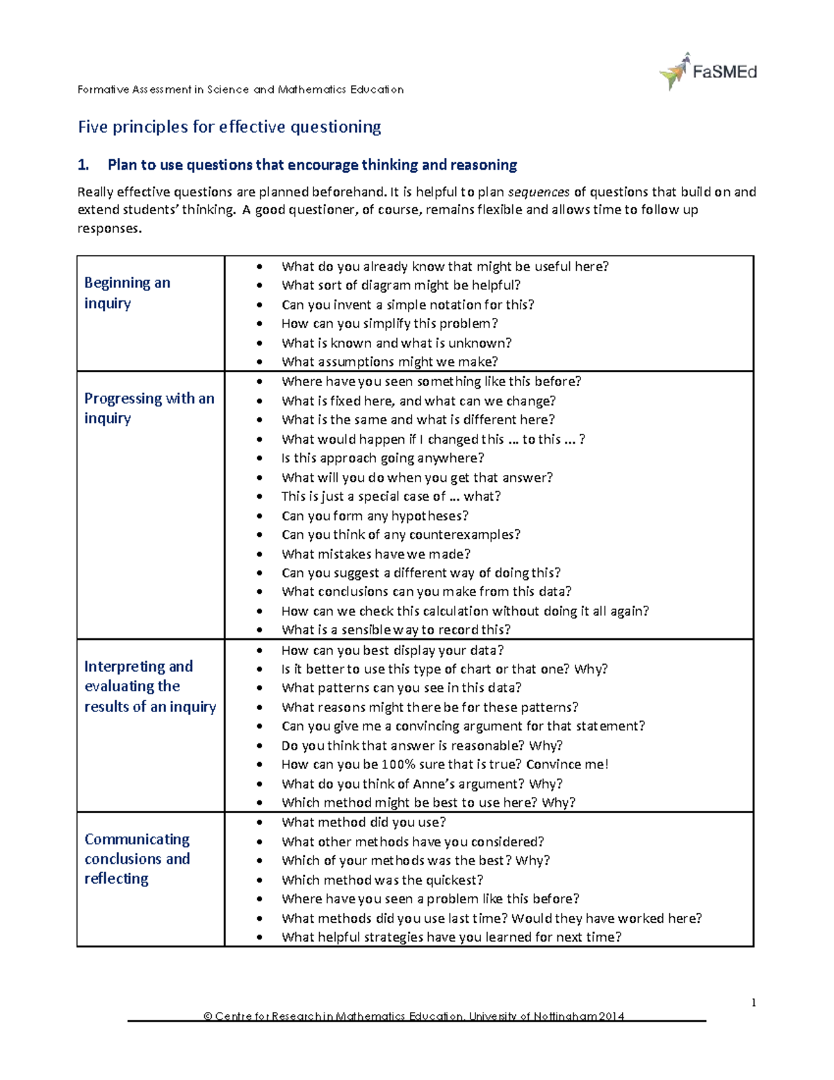 Draft Questioning Handout Fa SMEd - 1 © Centre for Research in ...