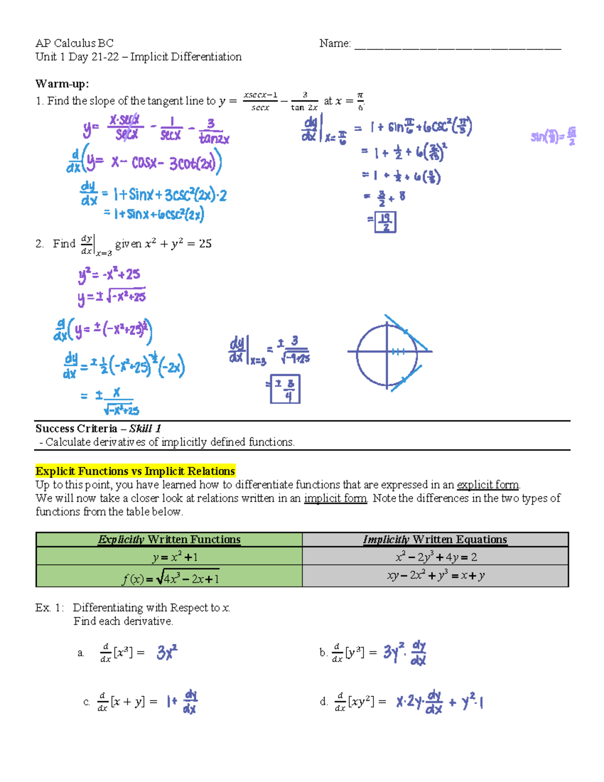 AP Calculus BC: Unit 1 Days 21-22 - Implicit Differentiation Guide ...