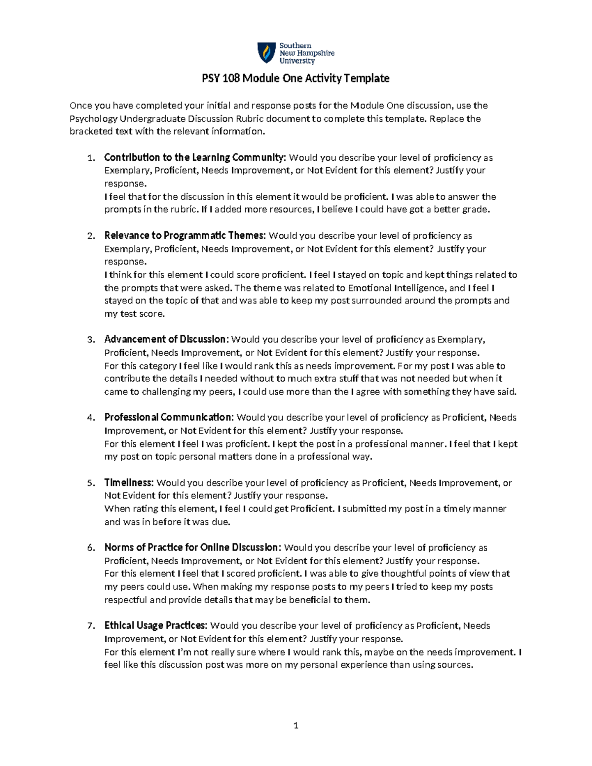 PSY 108 Module One Discussion Activity Evaluation Template - Studocu