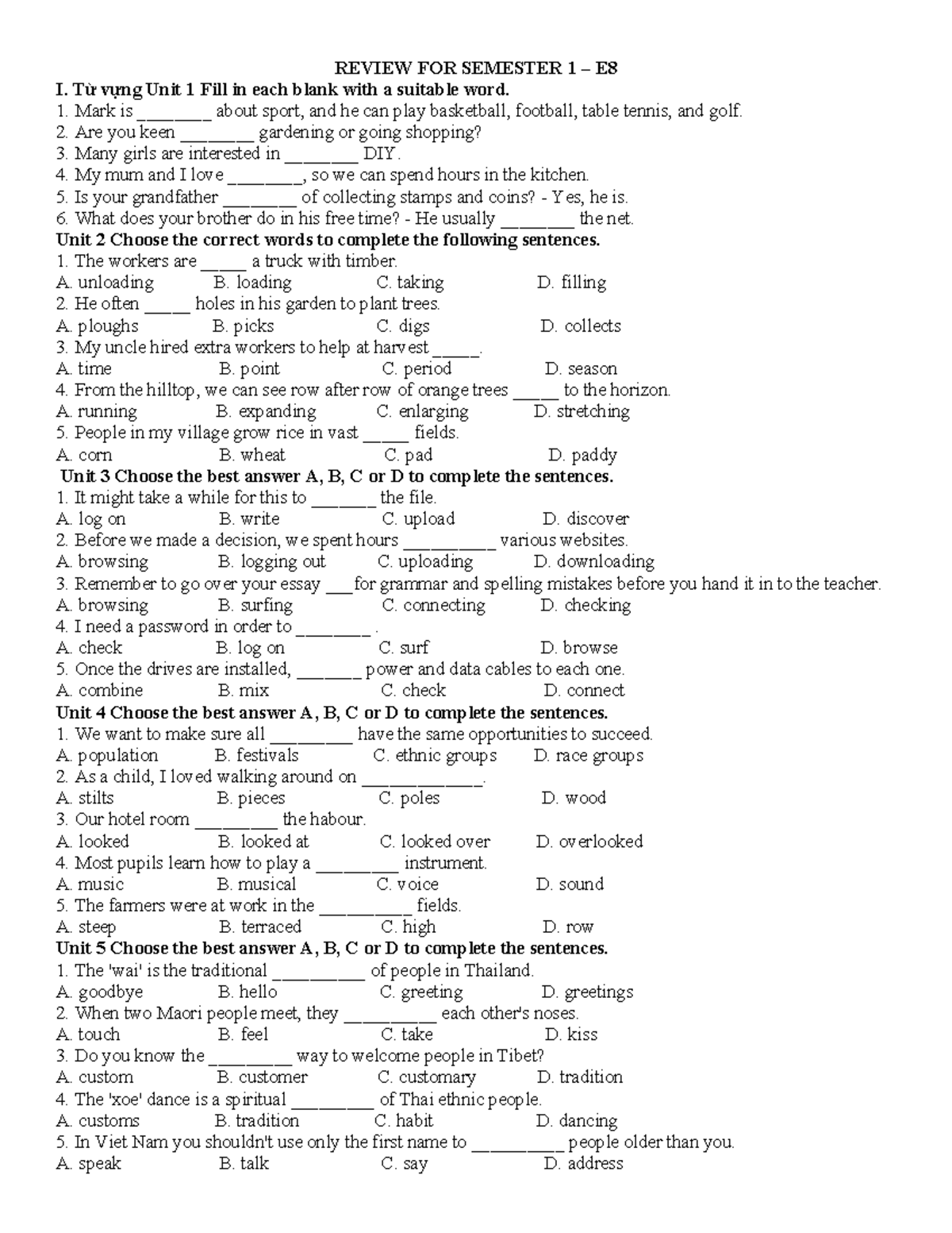 REVIEW FOR SEMESTER 1 E8 - Vocabulary and Sentence Completion - Studocu