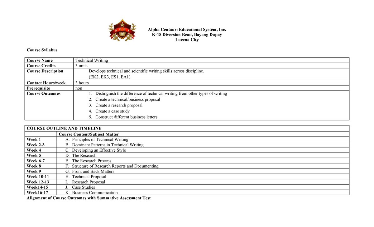 Technical Writing Syllabus (ENG 101) - Course Overview and Outline ...