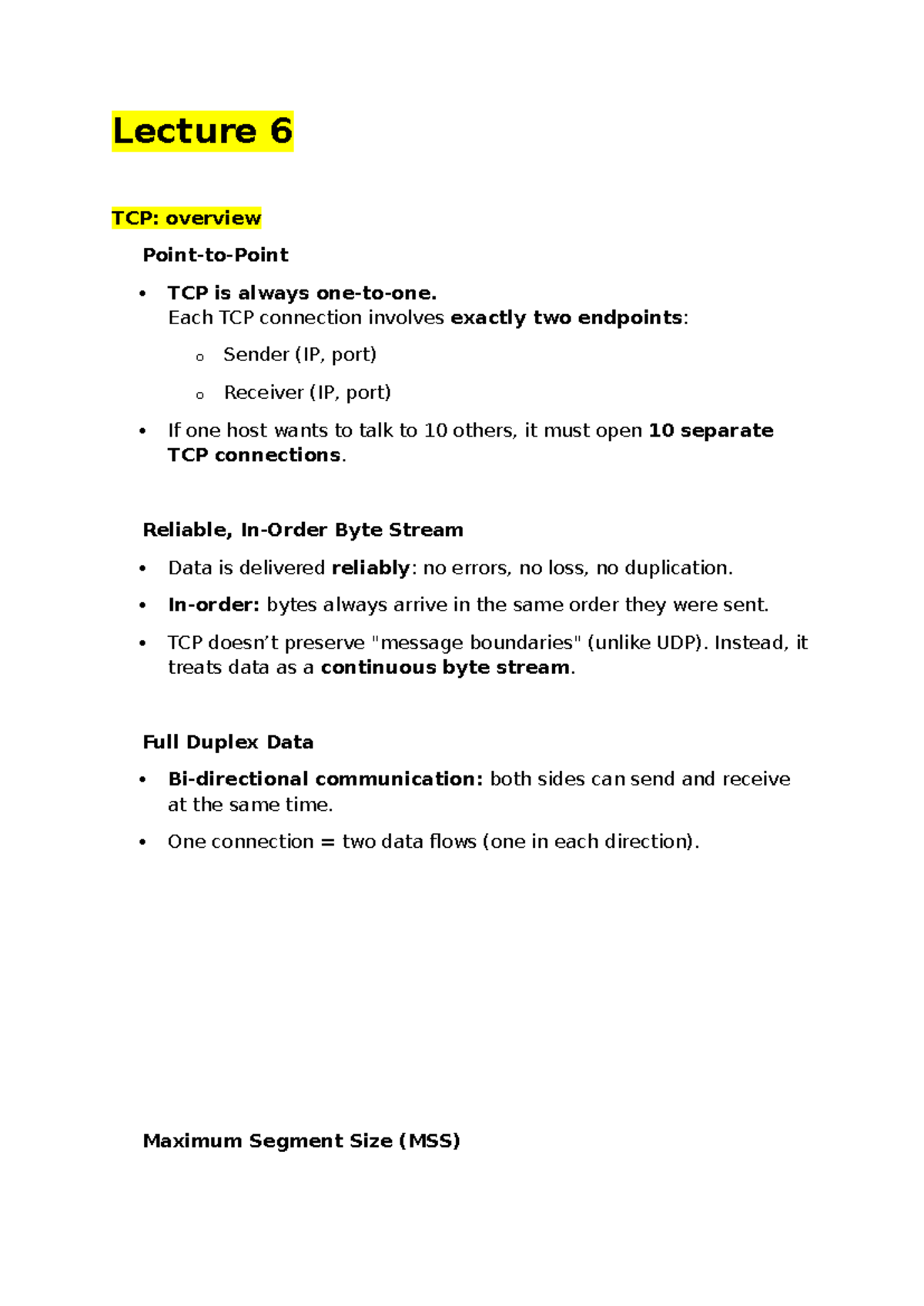 Lecture 6: TCP Overview and Key Concepts - Studocu