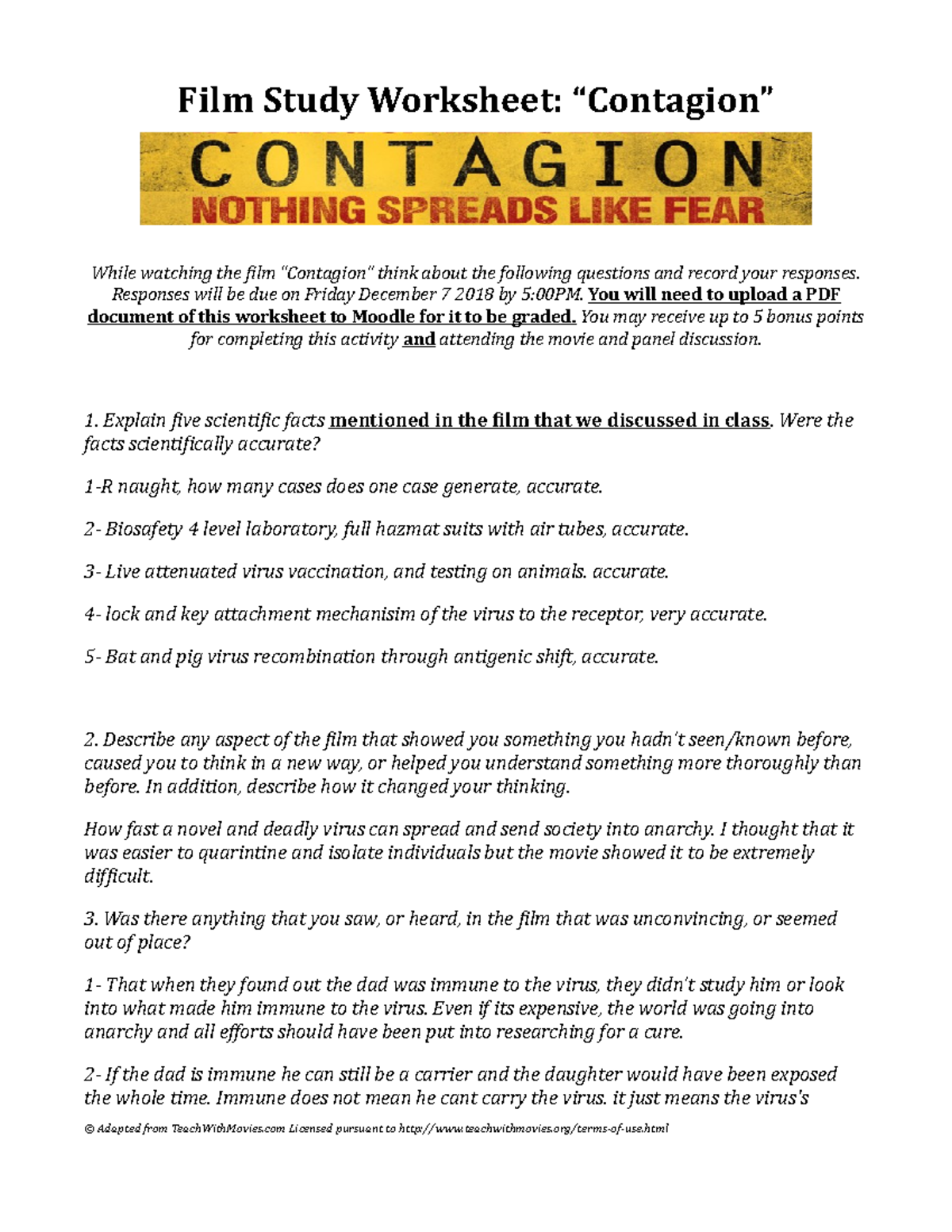Contagion Film Study Worksheet (FALL 2018) - Analysis & Reflection ...