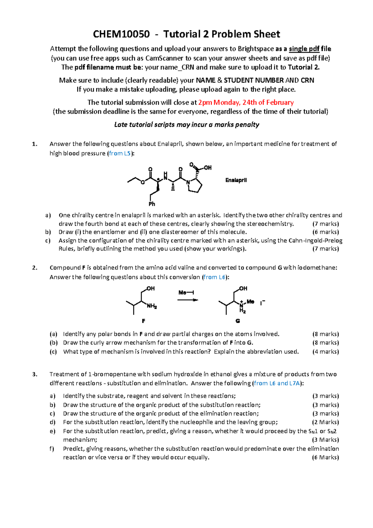 Tut 2 Problem Sheet 2025 - CHEM10050 - Tutorial 2 Problem Sheet Attempt ...