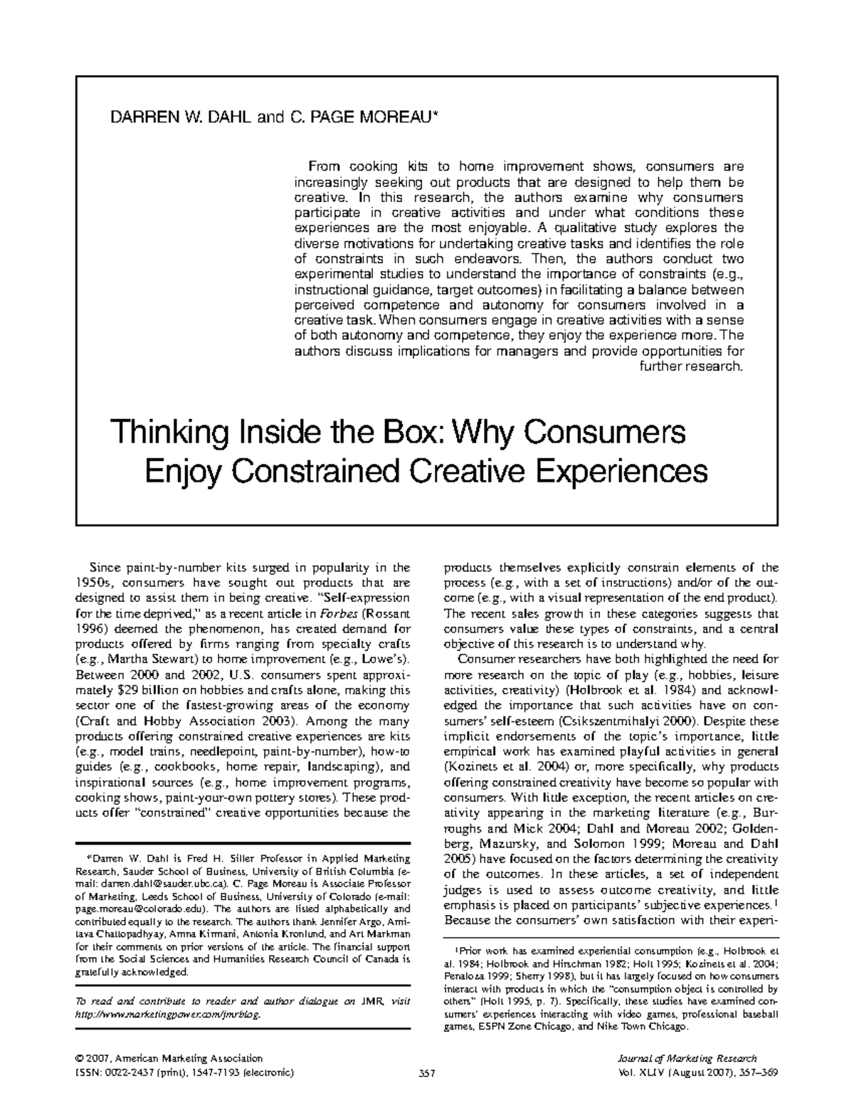 Thinking Inside the Box: Understanding Consumer Enjoyment of Creative ...