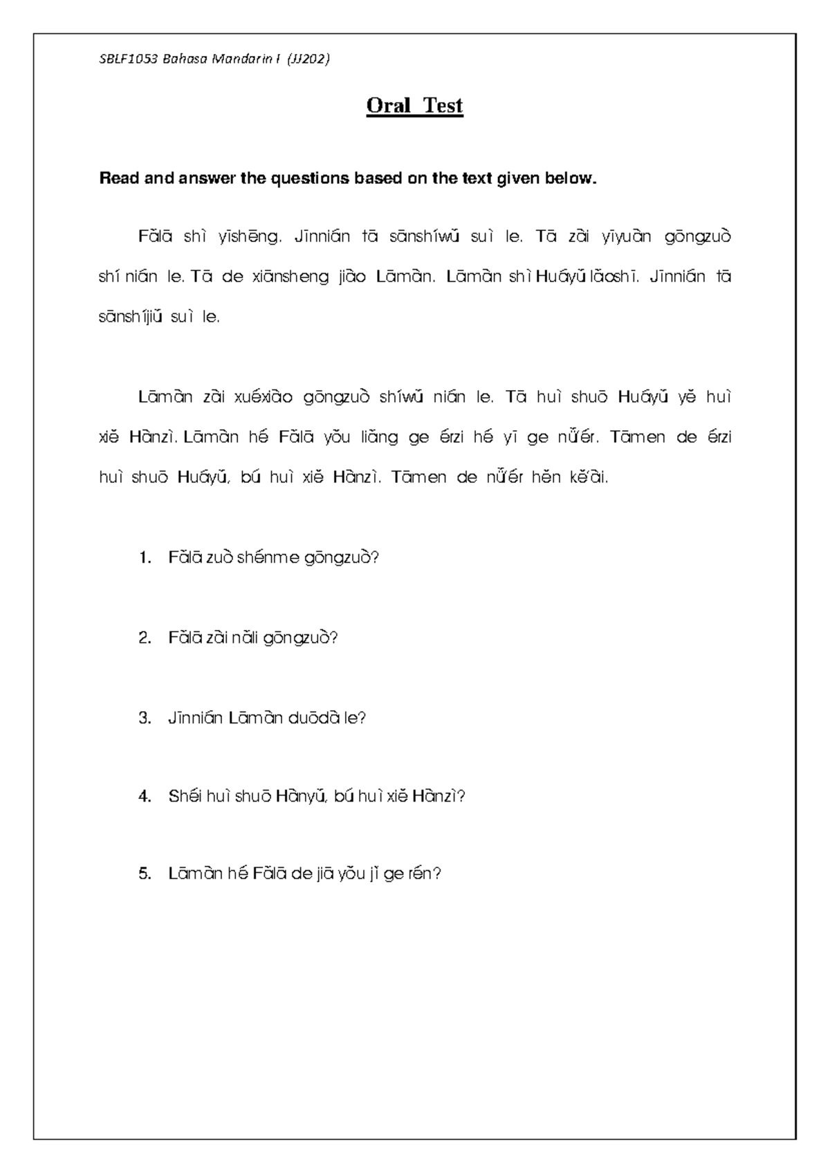 SBLF1053 JJ202 Oral Test for Mandarin I - 2020 Exam Questions - Studocu