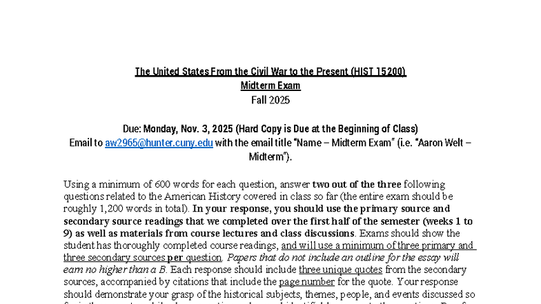 The United States from the Civil War to Present: HIST 15200 Midterm ...