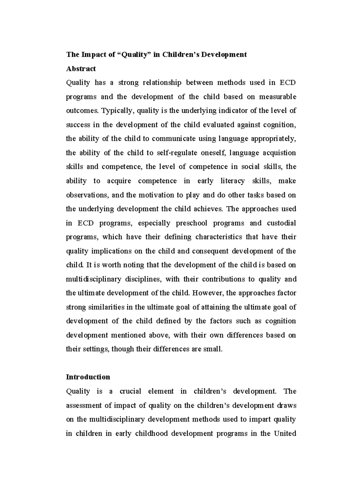 The Impact of Quality on Child Development in ECD Programs - Studocu