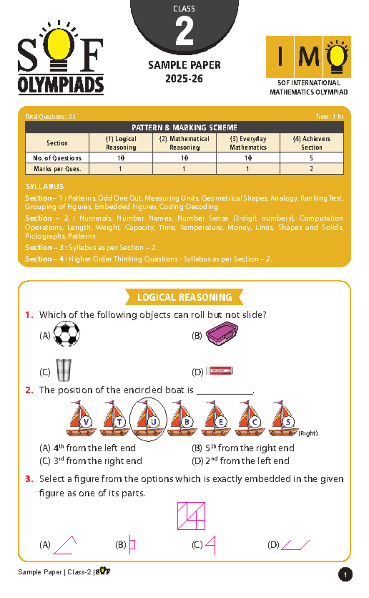 Class 2 Sample Paper for SOF International Mathematics Olympiad 2025-26 ...